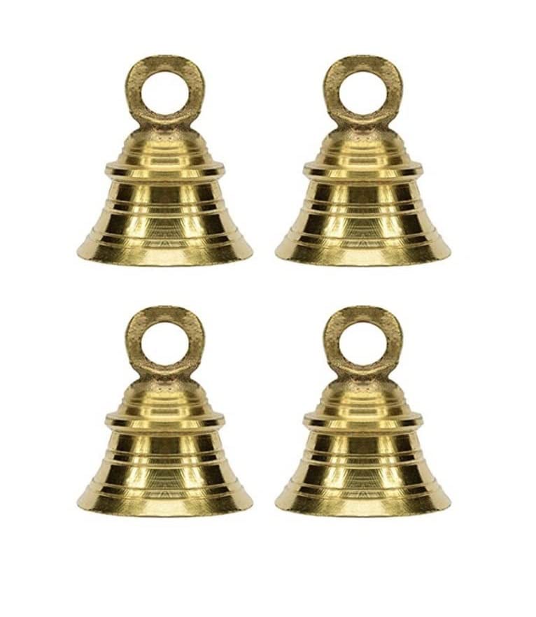 Image of SKSM Metal Decorative Brass Pooja Room Hanging Bells With J Hooks | Hanging Bell for Temple | Jingle Bell for Christmas (Gold, 2 inch, Pack of 4)