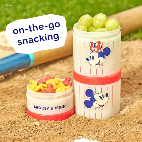 Image of Whiskware Disney Mickey Mouse and Friends Stackable Snack Containers for Babies, Toddlers, and Kids, 3 Stackable Snack Cups for School and Travel, Cupholder Friendly, Mickey and Minnie! Baseball!