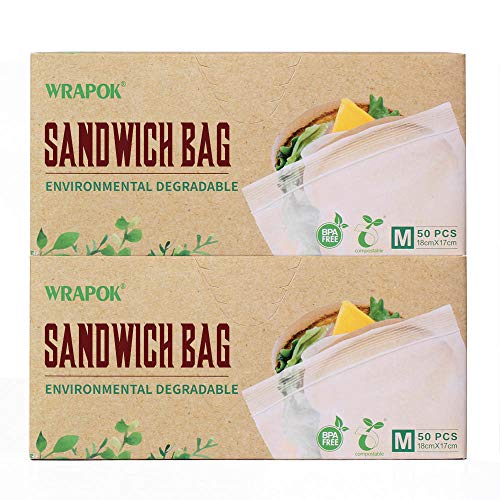 WRAPOK 100% Compostable Sandwich Bags Small Storage Freezer Bag for School or Work, 100 Count