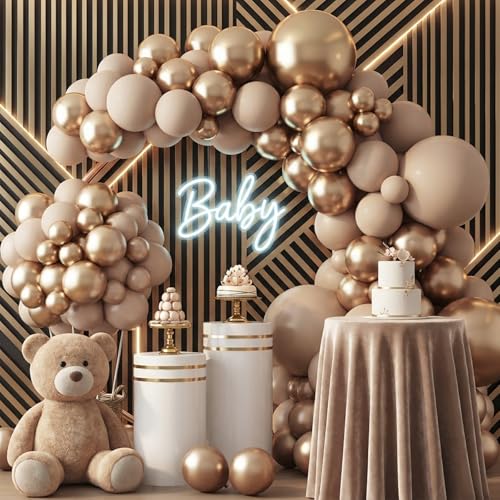Image of RUBFAC Chrome Gold Balloons 129pcs Different Sizes Pack of 18 12 10 5 Inch, Latex Metallic Gold Balloon Garland Arch Kit for Graduation Wedding Happy Birthday Party Decoration