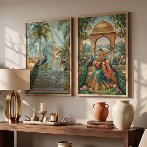 Image of kotart Decorative Traditional Wall Art Home Decor Madhubani Painting poster With Frame For Living Room Bed Room Hotel Wall Decor Digital Reprint Set of 2 (10X13 INCH)