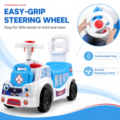 Image of Ambulance Ride On Toy for Kids 2-5 Years with LED Emergency Lights, Siren Sound, Front & Rear Storage, Foot to Floor Ride On Car with Comfortable Backrest, Kids Ride On Car for Boys & Girls