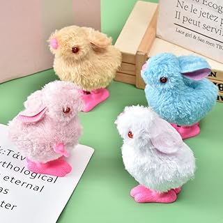 4 PCS Easter Wind Up Chick Toys Plush Jumping Bunny Toy Hopping Animals Clockwork Windup Rabbit Birthday Easter Basket Stuffers Party Favors for Kids Toddlers