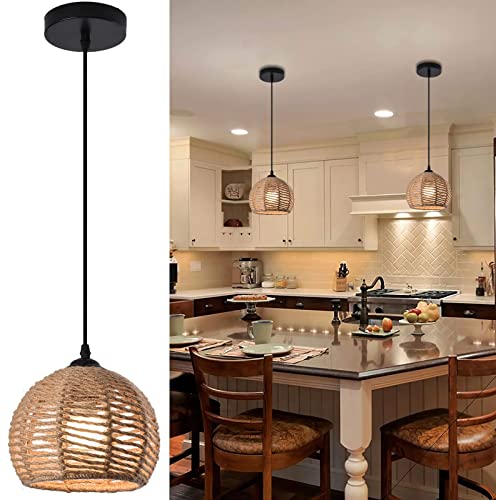 AyshwillDec Woven Pendant Light Boho Chandelier Dome Rustic Farmhouse Chandelier Hemp Rope Light Rattan Light Fixture for Dining Room Living Room Bedroom Kitchen Foyer(Bulb Included)