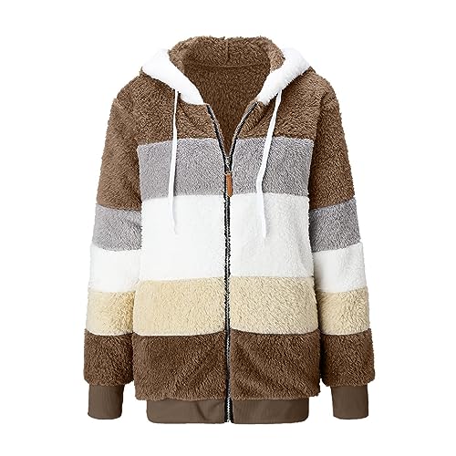 Fuzzy Fleece Jackets for Women Plus Size Hoodies Fall Winter Coats Color Block Patchwork Cardigan Coat with Pockets