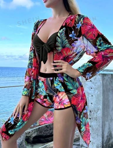 Image of AARAM Sexy Hot Beach Bikini Set for Women, Women's 3 Piece Beach Wear Stylish Printed Shorts Cardigan Suit Swimwear, Three-Piece Co-ord Set for Pool Vacation Honeymoon Beachwear