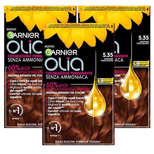 Garnier Olia Tinte permanente para el cabello sin amoníaco con aceites florales de origen natural con acción iluminadora y nutritiva, color 5.35 marrón chocolate - 3 paquetes
