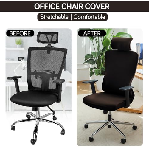 Image of HOKIPO 140 GSM Office Chair Cover with Headrest (High-Back) - 140 GSM Stretch Fabric - Washable, Anti-Slip Fit for Ergonomic Mesh Office Chairs, Chocolate Brown (AR-6704-BRN)