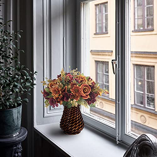 Inqcmy Fall Artificial Flowers With Vase,Silk Flower Arrangements,Artificial Rose Bouquets In Handmade Rattan Vase For Home Office Table Kitchen Desktop Dinning Room Decoration (Brown) #TOP2