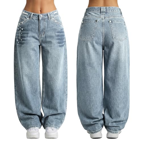 Image of EMMIOL Women Hip Hop 90s Vintage Baggy Jeans Denim Pants Mid Waist Jeans