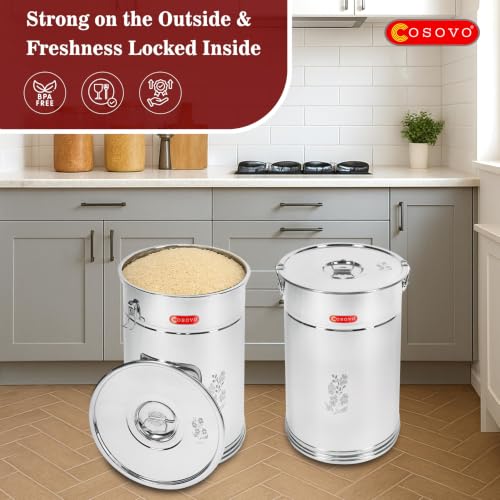 Image of COSOVO Rice Storage Container | Steel Storage Box Drum | Grocery Container for Kitchen | Kothi | Steel Container | Steel Dibba | Storage Box | Drum (30KG /35L)