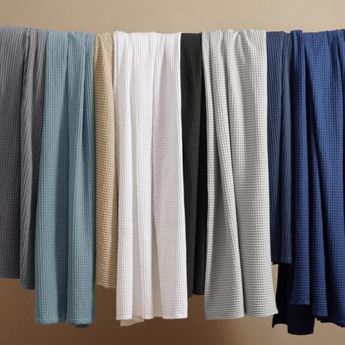 Image of PHF 100% Cotton Waffle Blanket Lightweight Breathable, Queen Size Dark Navy | Pre-washed Soft Cozy Summer Throw for Hot Sleepers, Textured Decorative Layer for Bed Couch Sofa Guest Room, Giftable