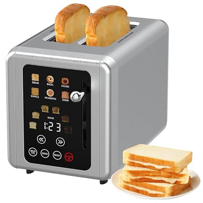 Edelstahl Smart Toaster 2 Scheiben mit Touchscreen, digitaler Timer und Soundfunktion - Ideal für Bagels, Auftaufunktionen - 6 Brotarten, 6 Schattierungseinstellungen, breite Schlitze