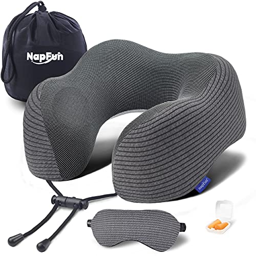 NAPFUN Neck Pillow for Traveling, Upgraded Travel Neck Pillow for Airplane 100% Pure Memory Foam Travel Pillow for Flight Headrest Sleep, Portable Plane Accessories, Dark Grey
