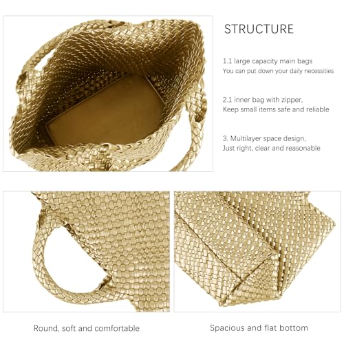 Image of Women's Vegan Leather Tote Bag - Handmade Woven Beach Bag, Travel Handbag with Purse & Top Handle Hobo Tote(Gold)