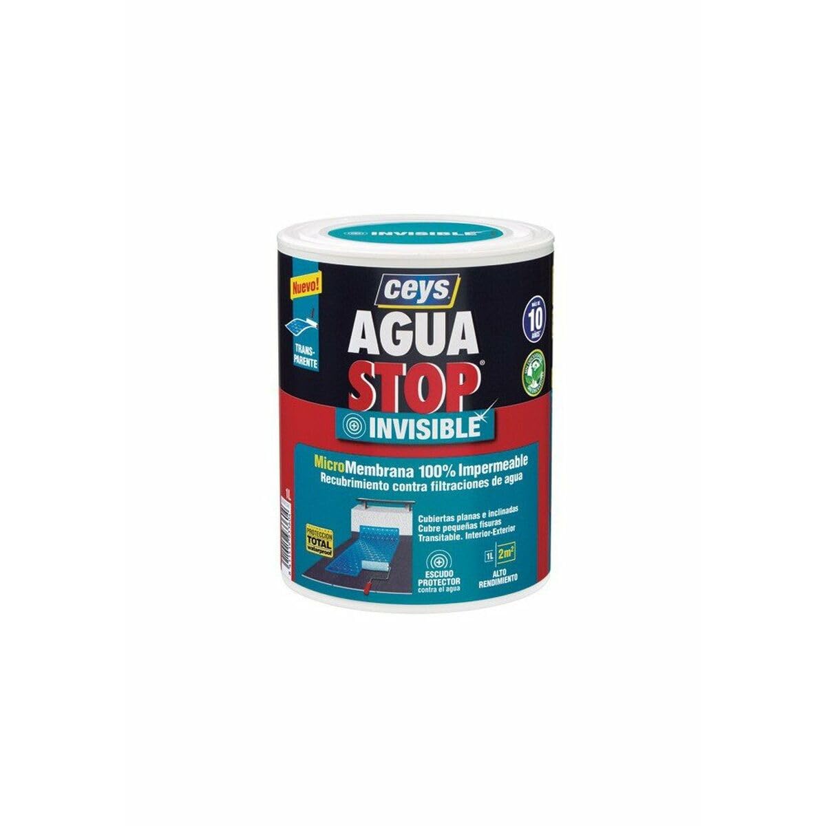 Ceys - Aguastop Invisible - Micromembrana Transparente - 100% Impermeable - Sellador Líquido - Recubrimiento antifiltraciones - Cubre Fisuras - Ideal Terrazas, Patios y Azoteas - 1 L