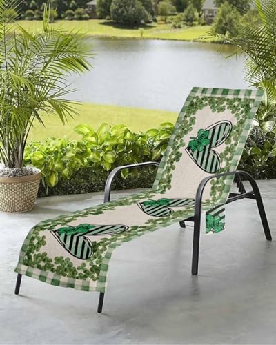 St. Patrick's Day Beach Chair Towel Covers for Chaise Lounge with Side Pocket, Soft Plush Pool Towels Cover for Patio Sunbathing Outdoor 29''x85'' Stripes Plant Love Buffalo Plaid Green