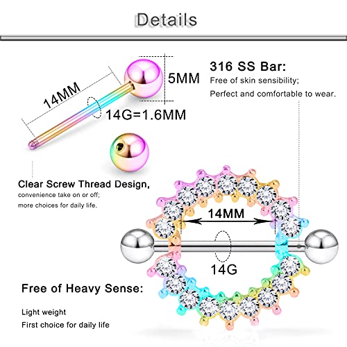 Ftovosyo 20Pcs Nipple Ring 14G Surgical Steel Tongue Nipplerings Barbell Bar Hoop Rings Retainer CZ Heart Chain Dangle Nipple Piercing Jewelry for Women Men 14MM (9/16 Inch)2