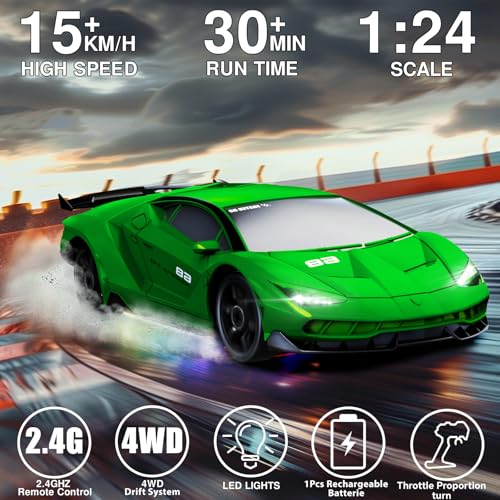 Image of RC Drift Car 1:24 Remote Control Car 4WD 15KM /H High Speed Racing Sport Car with LED Lights RC Cars Toy for Kids Boys Girls Adults Gifts Birthday Christmas