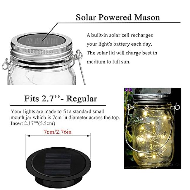 Miaro 6 Pack Mason Jar Lights, 20 LED Solar Warm White Fairy String Lights, Waterproof, Fits Regular Mouth Jars