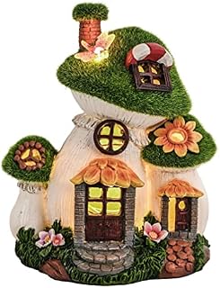 TERESA'S COLLECTIONS Flocked Fairy House Garden Ornaments with Solar Lights, Waterproof Resin Flowers Mushroom with Dragonfly Statues for Patio Lawn Yard Garden Miniature Decorations, 22cm
