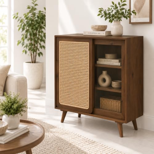 Image of The Attic INES Cabinet, Coffee Table for Living Room, Solid Wood Centre Table with Cane with Sliding Doors, Natural Finish
