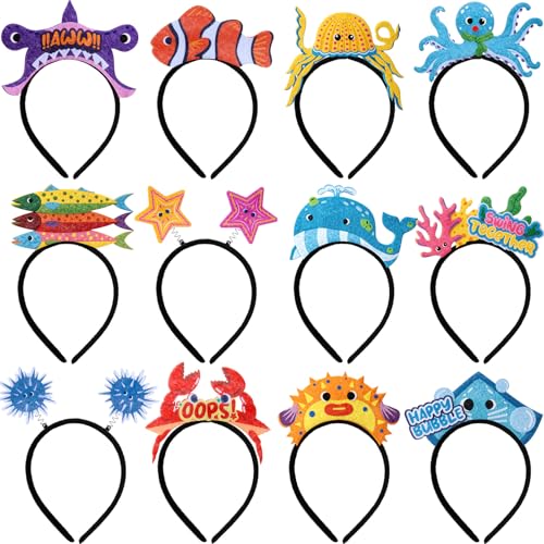 TinkerPlay 12 PCS Serre-têtes en Feutre pour Enfants, Accessoires pour Carnaval et Photobooth, Jouets pour Fête à Thème d’Anniversaire, Cadeaux pour Filles et Garçons (Créatures marines)
