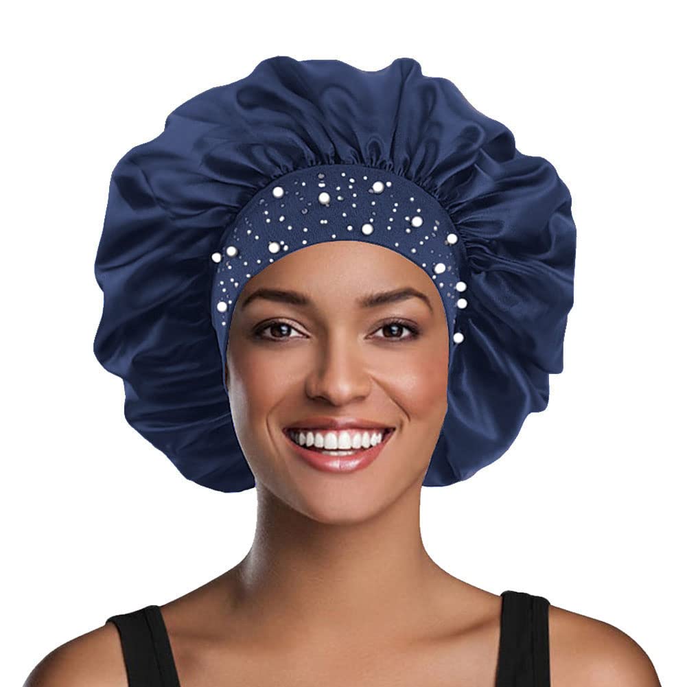 YeeMan Hair Bonnet Glittering Pearls and Rhinestones Satin Bonnet Wide Band Sleeping Cap