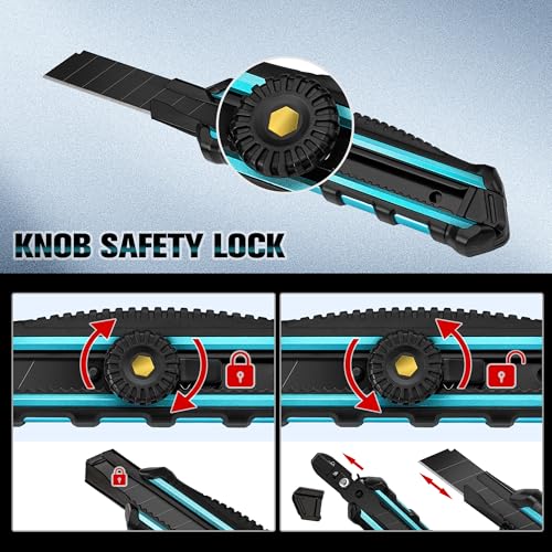 DURATECH Set van 3 professionele stofferingsmessen 18 mm met draaislot, SK5 gebroken messen met 10 reservemesjes, uitschuifbare universele messen voor karton en papier - Afbeelding 6