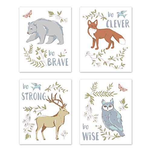 Sweet Jojo Designs Blue, Grey, Brown and Orange Wall Art Prints Room Decor for Baby, Nursery, and Kids for Woodland Animal Toile Collection - Set of 4 - Brave, Clever, Strong, Wise