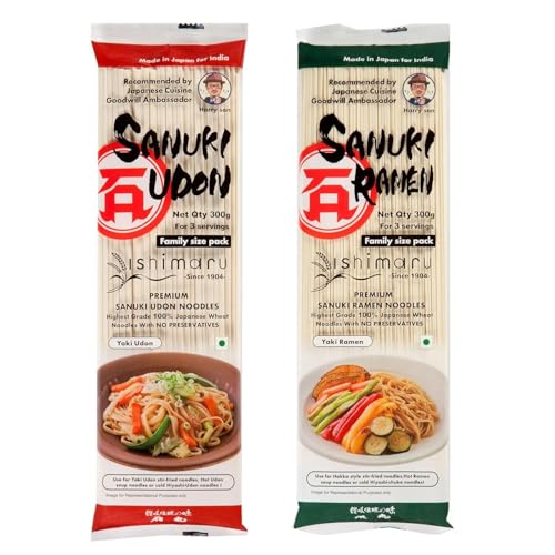 Image of Ishimaru Sanuki Udon & Sanuki Ramen Noodles - 600 grams /300gms each (Pack of 2) | Made in Japan | Highest Grade 100% Japanese Wheat | No Maida, No Preservatives, Not Fried but Dried, No MSG