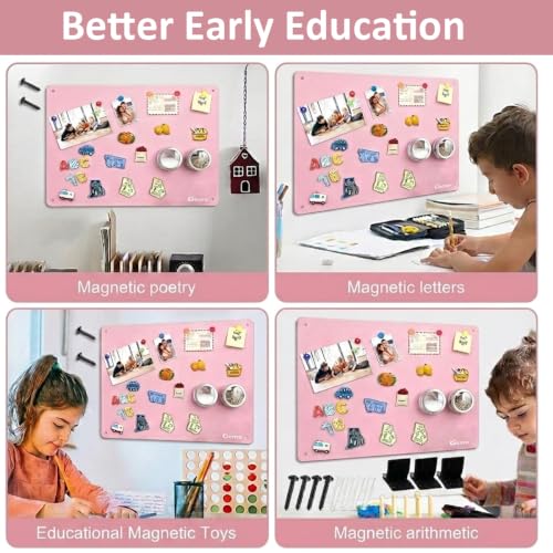 Image of Stainless Steel Magnetic Board 15.7 x 11.8 Inches, Wall Mounted Magnet Memo & Bulletin Organizer for Notes, Photos, Recipes, Kitchen Home Office Decor (Pink)