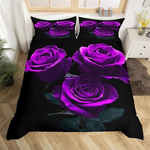 Rose Duvet Cover Purple Rose Floral Print Bedding Set Valentine's Day Comforter Cover for Boys Girls Kids Couple Lover Room Decor Romantic Flowers Pattern Bedspread Cover Queen Size (No Comforter)