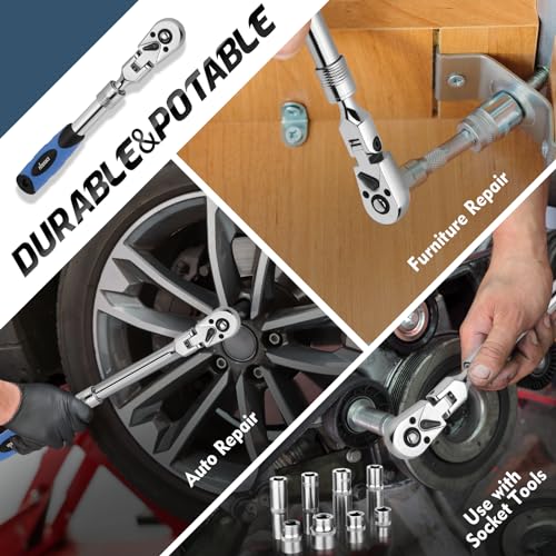 Disen 3/8 Inch Drive Extendable Ratchet,72-Tooth Flex-Head Ratchet Wrench With Quick Release Locking,Soft-Grip With Reversible Switch,Full-Polished Chrome Plating thumb #6