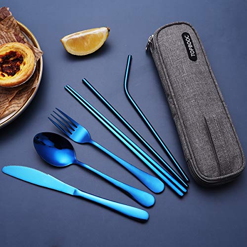 Portable Stainless Steel Flatware Set, Travel Camping Cutlery Set, Portable Utensil Travel Silverware Dinnerware Set with a Waterproof Case (Blue)