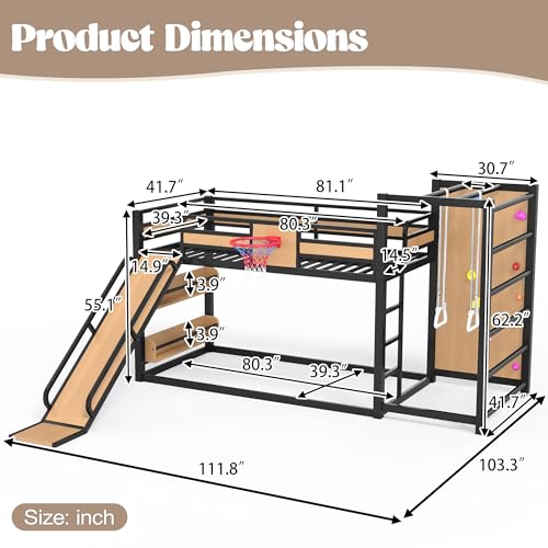 Image of Bellemave Twin XL Bunk Bed with Slide, Basketball Hoop & Climbing Wall, Heavy Duty Bunk Beds Twin XL with Guardrails, Low Bunk Bed for Bedrooms, No Box Spring Needed, Yellow