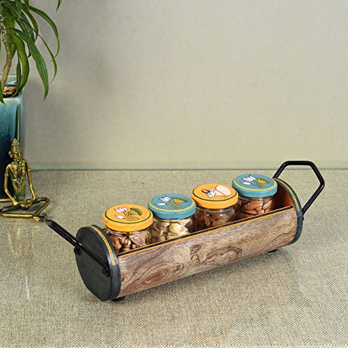 Image of AAKRITI ART CREATIONS Pichhwai Art Pickle Serving Jars and Tray | Handcrafted Glass Jars with Wooden Tray | Kitchen Storage Containers | Matte Finish Multicolor Dining Table Decor