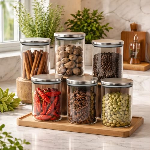 Image of amazon basics Glass Jars for Kitchen, Set of 6, 600ml Borosilicate Glass Containers with Airtight Stainless Steel Lids, Kitchen Storage Jars for Tea, Coffee, Sugar, Spices & Dry Fruits
