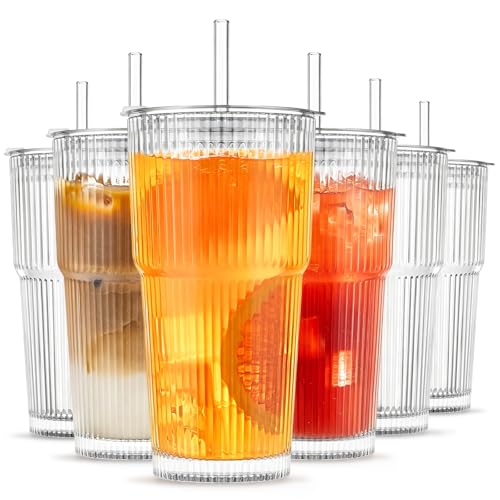 Image of INSETLAN 6-Piece Glassware Set - 20 oz Ribbed Glass Tumblers with Lids and Glass Straws, Heavy-Duty Tumblers, Ideal for Iced Coffee, Smoothies, Cocktails, and Juices - Elegant and Durable Drinkware