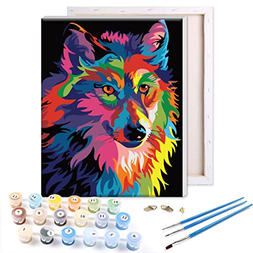 RIHE Marco de madera, Pintura por Números para Adultos Lobo colorido Impresión de la lona Mural Decoración hogareña