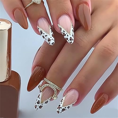 24 Piezas Forma de Almendra Prensa Marrón En Uñas Encaje Francés Uñas Falsas Con Forma V Diseños De Impresión Animal Para Ocio O Fiesta