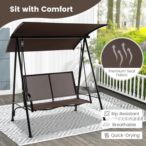 Image of HAPPYGRILL 2-Person Patio Swing with Canopy, Heavy-Duty Metal Frame, Breathable Seat Fabric, Outdoor Loveseat Swing for Backyard, Balcony, Poolside
