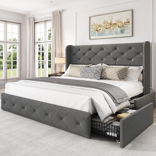 LARMACE Full Size Bed Frame with 4 Storage Drawers and Wingback Headboard Linen Upholstered Platform Bed Frame Tufted Beds with Wooden Slats Support, Easy Assembly, Light Grey