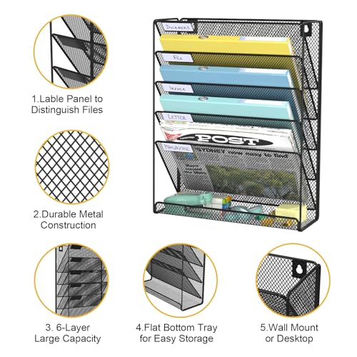Hanging Folder Organizer Mesh 6 Tier, Wall File Organizer Hanging Paper Organizer, Wall Mount Mail Organizer, Office Organization and Storage Rack for Home Office, Black - Thumbnail 3