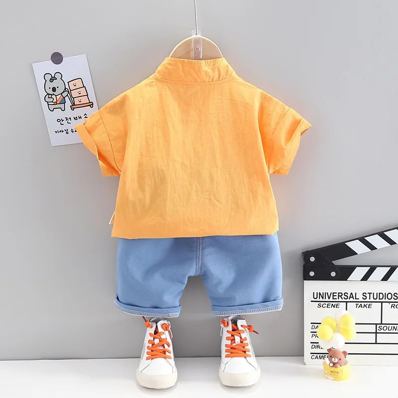 Image of Bold N Elegant Boys Cartoon Cotton Shirt Denim Shorts Set