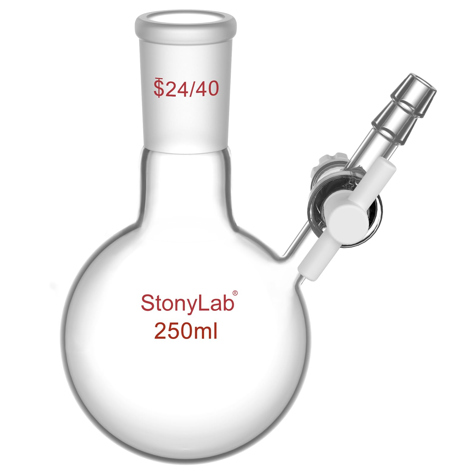stonylab Matraz de Reacción, Matraz de Reacción de Vidrio de Borosilicato de Cuello único con Junta 24/40 y Válvula de Llave de paso de PTFE, Matraz de Fondo Redondo de 250 ml