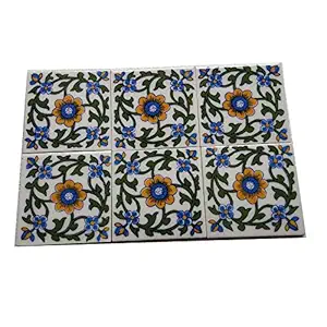 Shiv Kripa Blue Pottery Home Decorative Ceramic Wall Hanging Tile Design Flooring Tiles Floral Kitchen Washroom Mosaic Furniture Tile Handmade Backsplash 4 x 4 Inches Tile (Pack of 50 Tile, Multi)