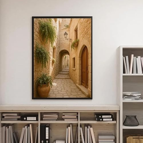 GKUVBF Mediterranean Stairway Rustic European Tuscan Village Stone Archway Olive Tree Poster Canvas Painting Print Wall Art Home Decor(50x70cm/Frameless)