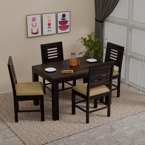 Image of 45 Inch Length Solid Sheesham Wood 4 Seater Dining Table Set | Four Seater Dinner Table with 4 Cushions Chairs | Dinning Table Set 4 Seater for Living Room | Walnut Finish