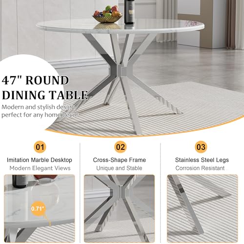 Image of 5-Piece Round Dining Table Set for 4, Modern Faux Marble Kitchen Table and Black Velvet Chairs Set of 4, Luxury 45 inch Circle White Silver Dining Room Tables with Stainless Steel Cross Legs